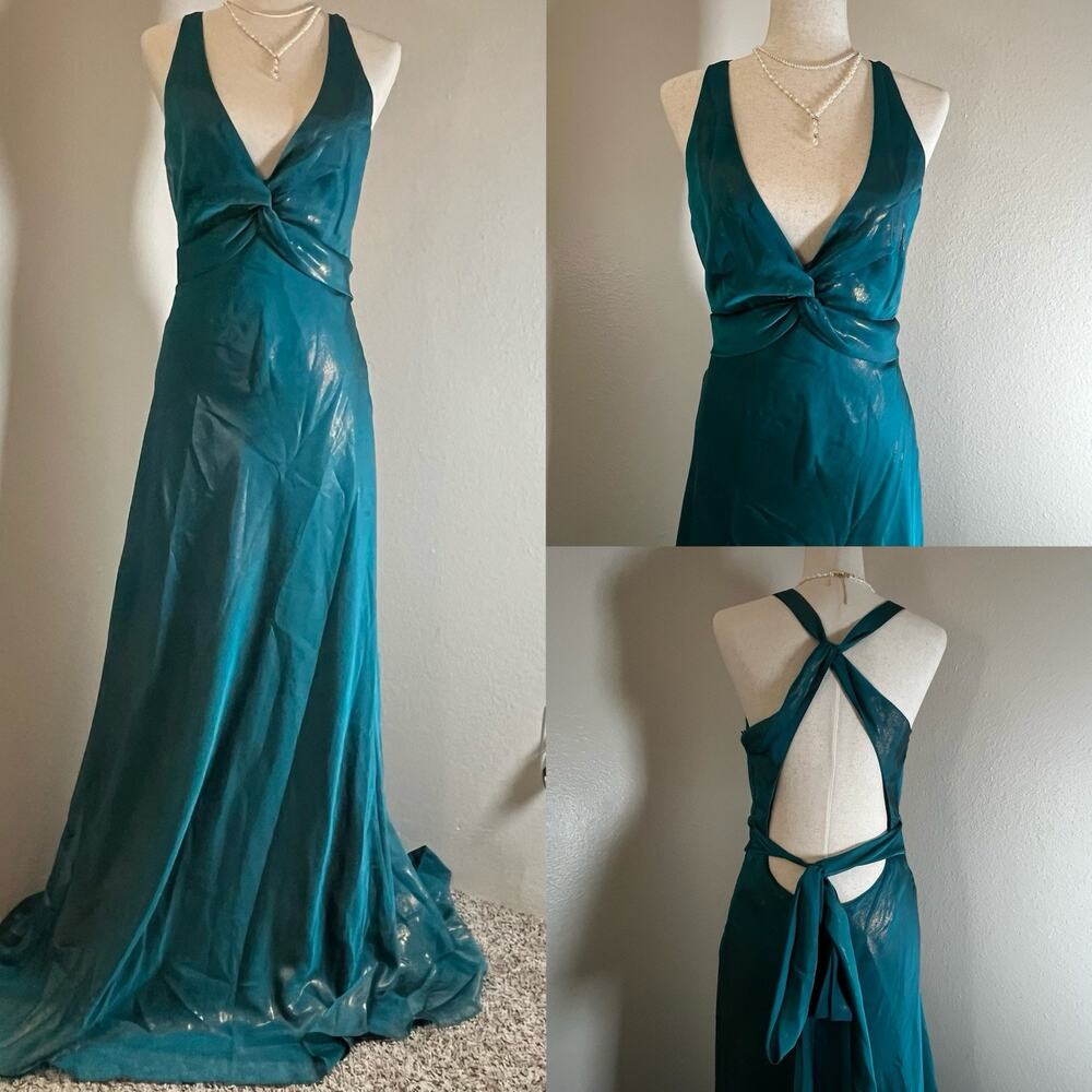 VTG Y2K Nightway Blue Deep V Front and Open Back Gown Size 12 Gitter